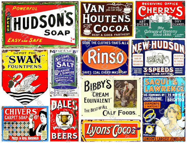 HUGE SET of Vintage Advertising Sign Stickers for Model Train & Dollhouse Miniatures, 50 Pcs. Set, 4 Sheets, 8.5" x 11" each, Pack 29