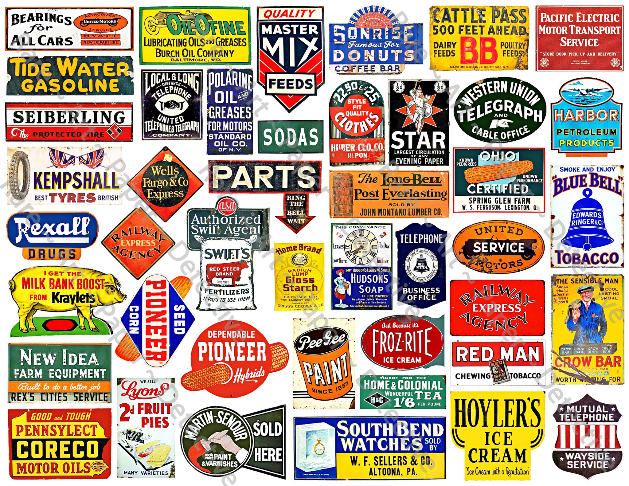 Vintage Advertising Sign Illustrations for Model Train & Dollhouse Miniatures, 54 Signs, 8.5" x 11" Sticker Sheet, #722