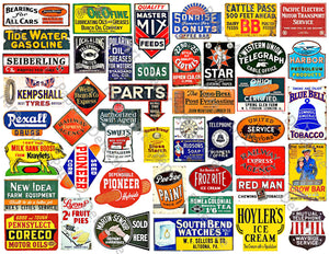 Vintage Advertising Sign Illustrations for Model Train & Dollhouse Miniatures, 54 Signs, 8.5" x 11" Sticker Sheet, #722