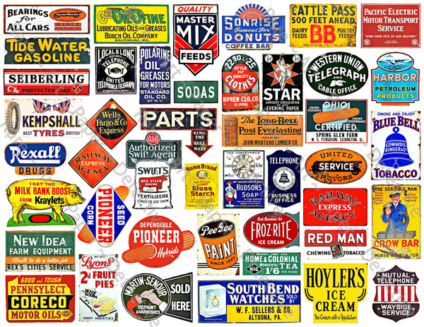 HUGE SET of Dollhouse Miniature Sign Stickers, 200+ Pcs. Set, Model Railroad Sign Illustrations, 4 Sheets, 8.5" x 11" each, Pack 10