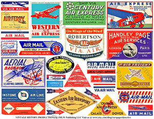 Airmail Labels & Airline Baggage Tag Sticker Sheet, 25 Authentic Travel, Stationary & Journal Stickers, 8.5" x 11" Sheet, #725