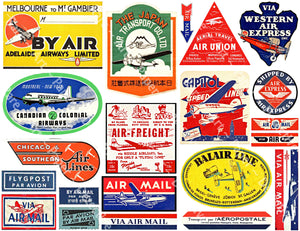 Airmail Label & Airline Baggage Tag Sticker Sheet, 21 Authentic Travel, Stationary & Journal Stickers, 8.5" x 11" Sheet, #726