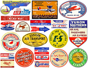 Airline Baggage Label & Airmail Stamp Sticker Sheet, 23 Authentic Travel, Stationary & Journal Stickers, 8.5" x 11" Sheet, #728