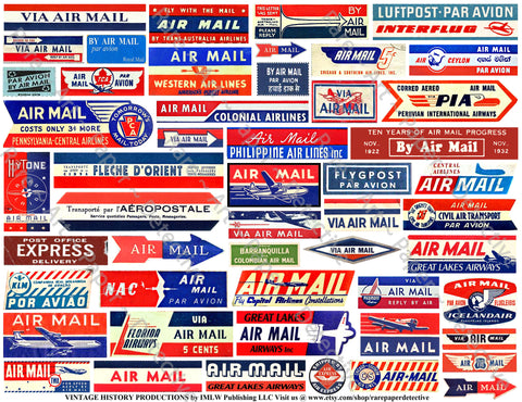 Airmail Label Sticker Sheet, 50 Authentic Travel, Stationary & Journal Stickers, Unique Gift Wrap Accents, 8.5" x 11" Sheet, #731