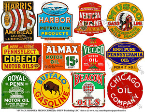 Gasoline & Motor Oil Stickers, Garage Signs, Oil Can Label Decals, Service Station Rusty Metal Sign Illustrations, 8.5" x 11" Sheet, #737