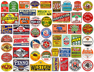 Vintage Motor Oil & Gasoline Advertising Sign Illustrations for Model Trains, 49 Signs, 8.5" x 11" Sticker Sheet, #738