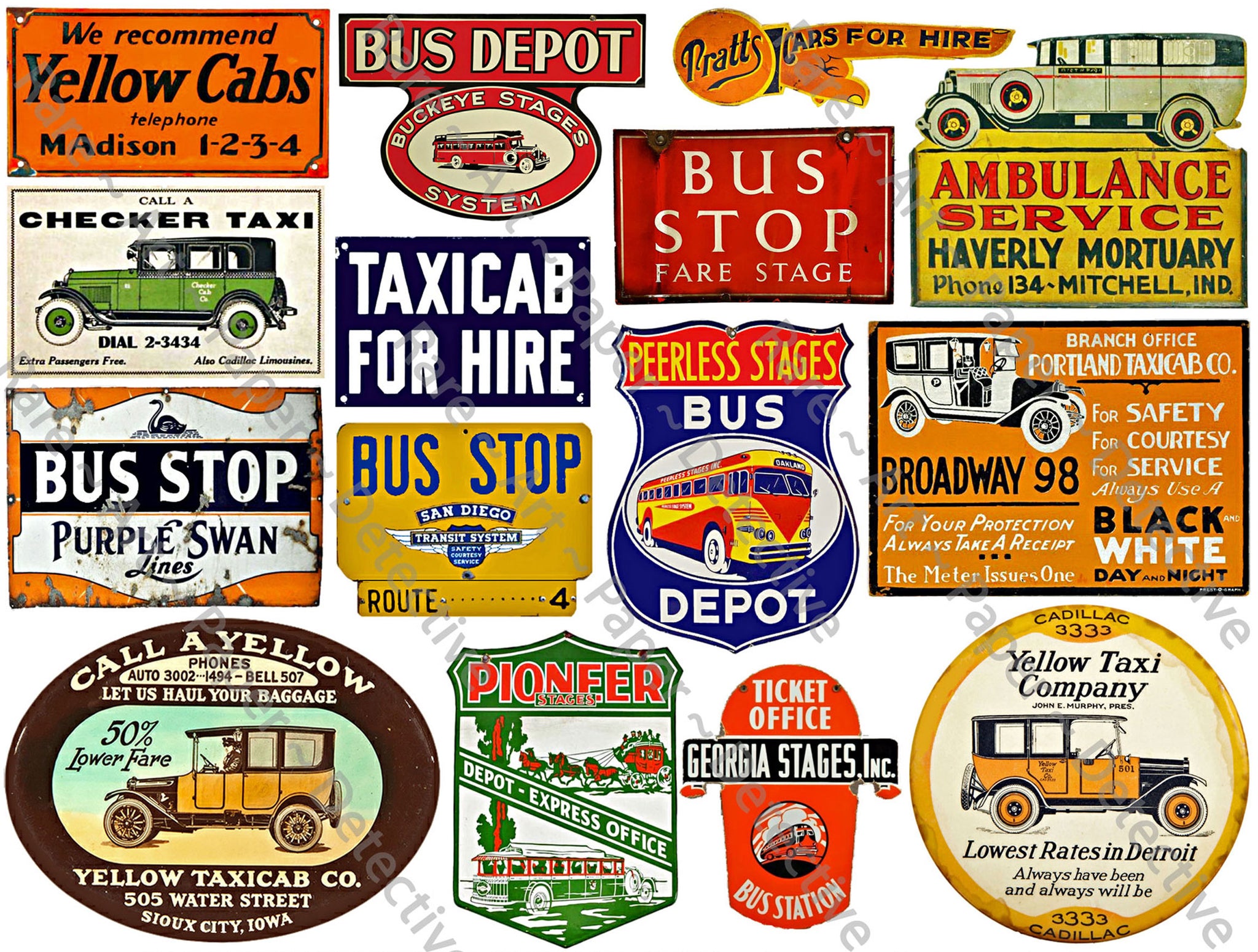 Classic Bus & Taxi Advertising Signs, 15 Travel Stickers Featuring a Vintage Rusty Look, Sheet #743