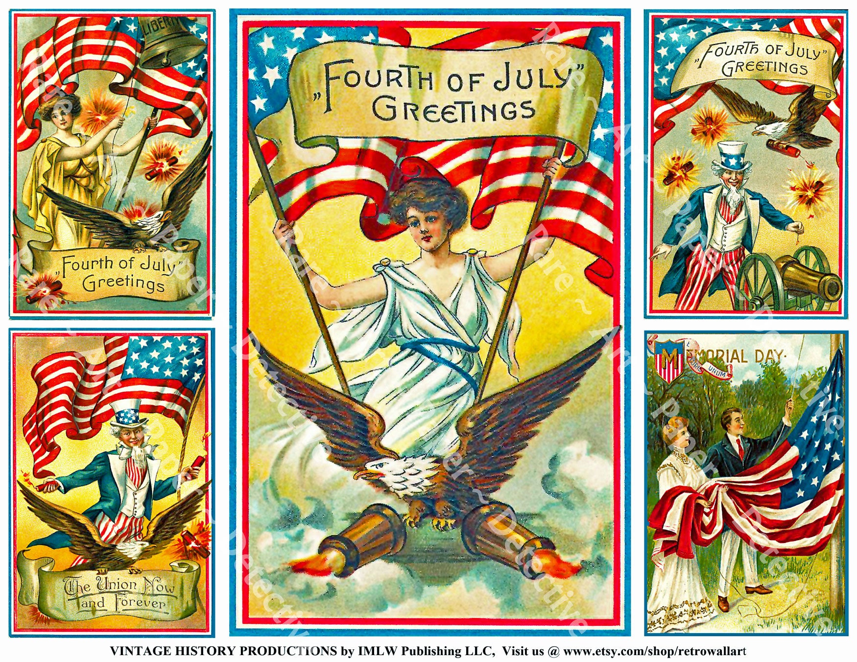 4th of July Decorations, Set of 5 Vintage Postcard Illustrations