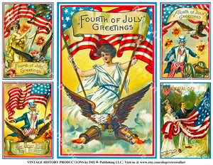 4th of July Decorations, Set of 5 Vintage Postcard Illustrations featuring American Flag Graphics, Sticker Sheet 761