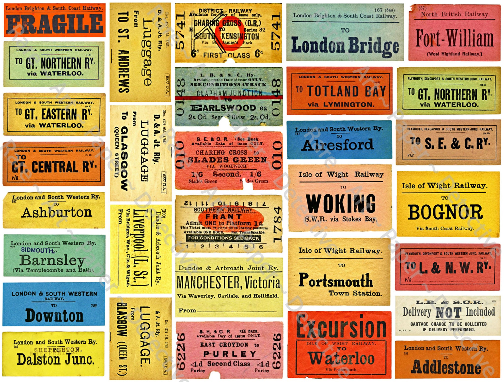 British Railway Luggage Labels & Ticket Stub Stickers, Authentic Looking & Colorful Travel Labels, 8.5" x 11" Decal Sheet for Suitcases, #769