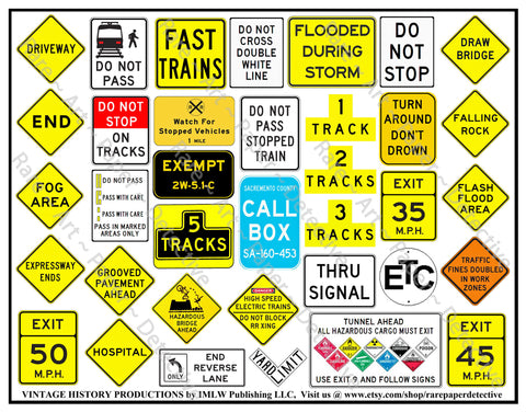 Roadway & Highway Signs for Travel Theme Journals, Party Décor, Garage Accents, Vacation Scrapbooks & Children's Stickers, 8.5" x 11" Sheet, #776