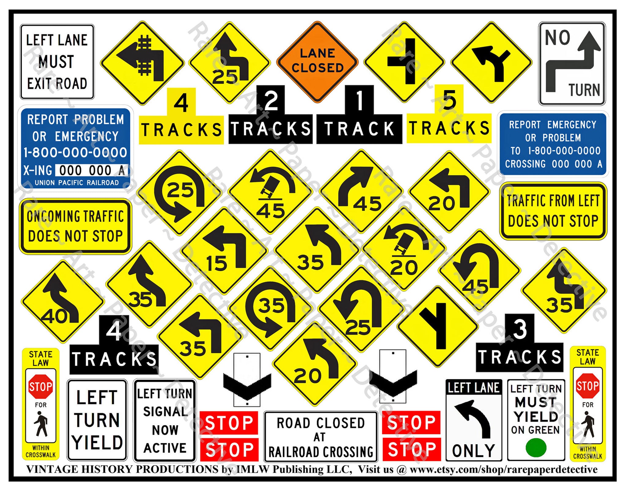Roadway Signs for Travel Theme Journals, Party Décor, Garage Accents, Vacation Scrapbooks & Children's Stickers, 8.5" x 11" Sheet, #777