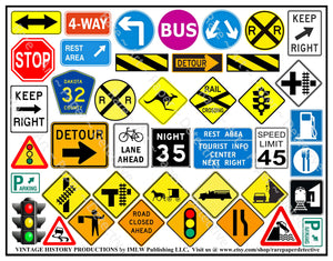 Colorful Road Signs for Travel Theme Journals, Party Décor, Garage Accents, Vacation Scrapbooks & Children's Stickers, 8.5" x 11" Sheet, #778