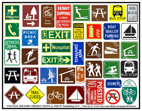 Colorful Road Side Services Sign Stickers for Travel Theme Journals, Party Décor, Parks & Recreation Set, 8.5" x 11" Sheet, #781