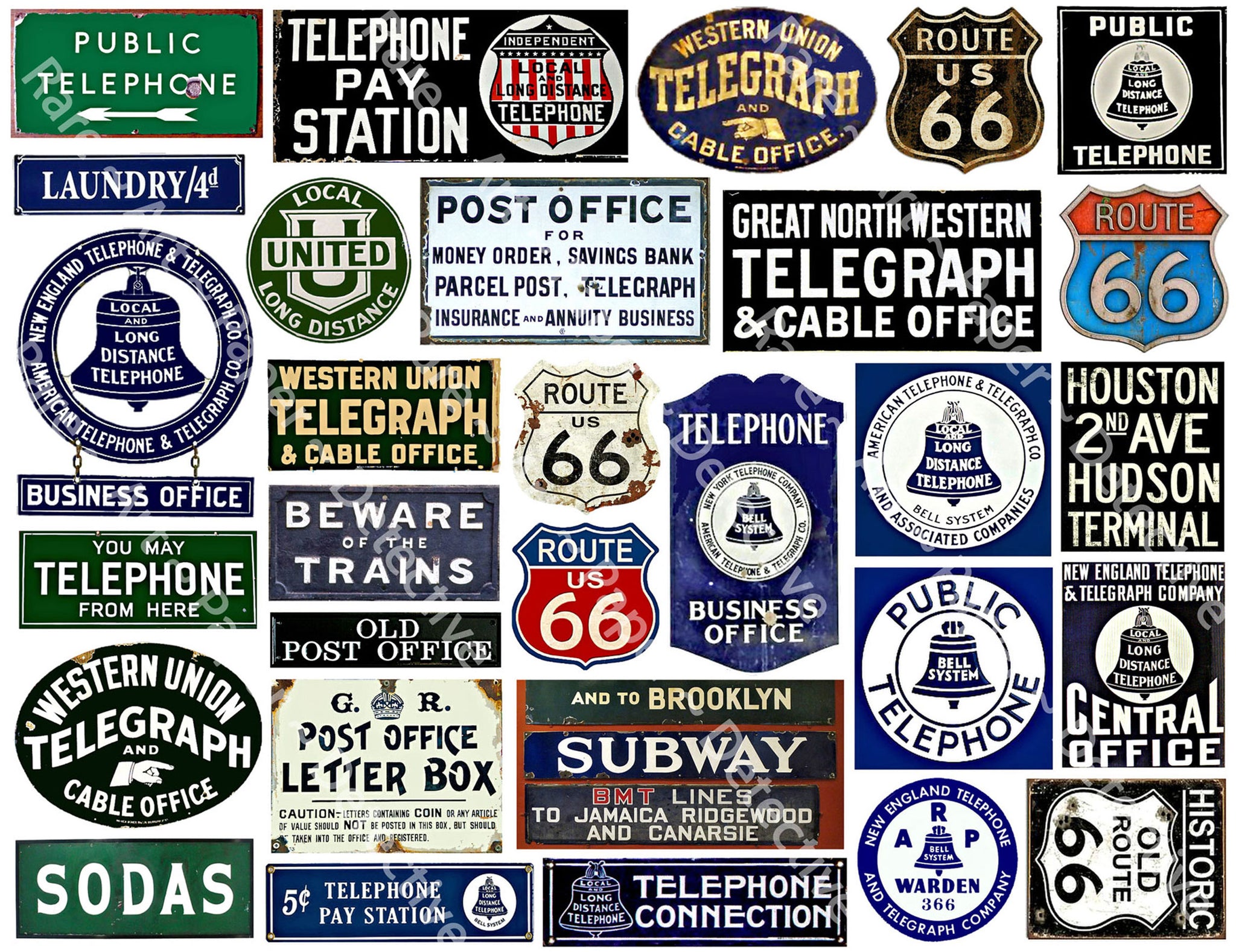 Travel Sign Stickers, Telephone, Telegraph & Route 66, Miniature Signs for Journals & Model Building, 8.5" x 11" Sheet, #782