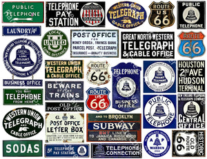 Travel Sign Stickers, Telephone, Telegraph & Route 66, Miniature Signs for Journals & Model Building, 8.5" x 11" Sheet, #782