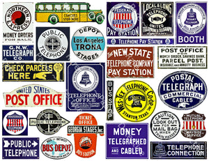 Travel Sign Stickers, Telephone, Telegraph & Bus Stop, Miniature Signs for Journals & Model Building, 8.5" x 11" Sheet, #783