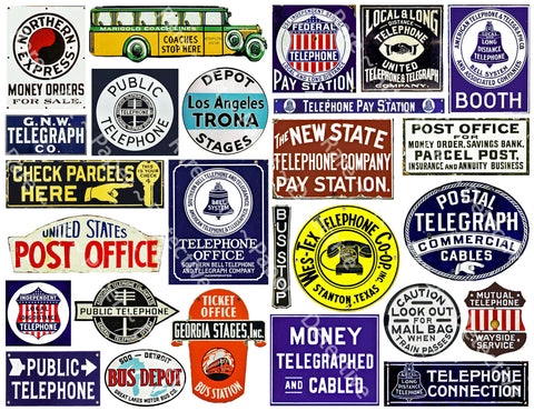 Travel Sign Stickers, Telephone, Telegraph & Bus Stop, Miniature Signs for Journals & Model Building, 8.5" x 11" Sheet, #783