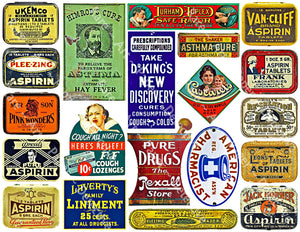 Pharmacy & Druggist Label Art Paper Stickers, Aspirin Tin Images, Drug Store Signs and Curiosity Items for Bathroom Décor and Junk Journals, 788