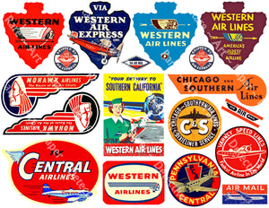 Airline Baggage Label & Airmail Stamp Sticker Sheet, 18 Authentic Travel, Stationary & Journal Stickers, 8.5" x 11" Sheet, #790