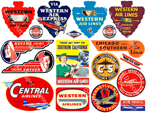 Airline Baggage Label & Airmail Stamp Sticker Sheet, 18 Authentic Travel, Stationary & Journal Stickers, 8.5" x 11" Sheet, #790