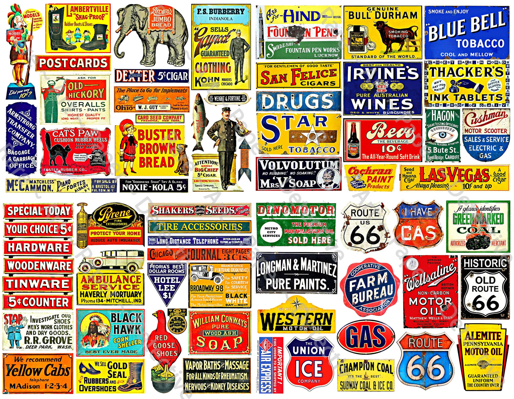Model Train & Doll House Miniature Sign Stickers, 64 Pcs. Set, Rusty Metal Sign Illustrations, 8.5" x 11" Sheet, #796