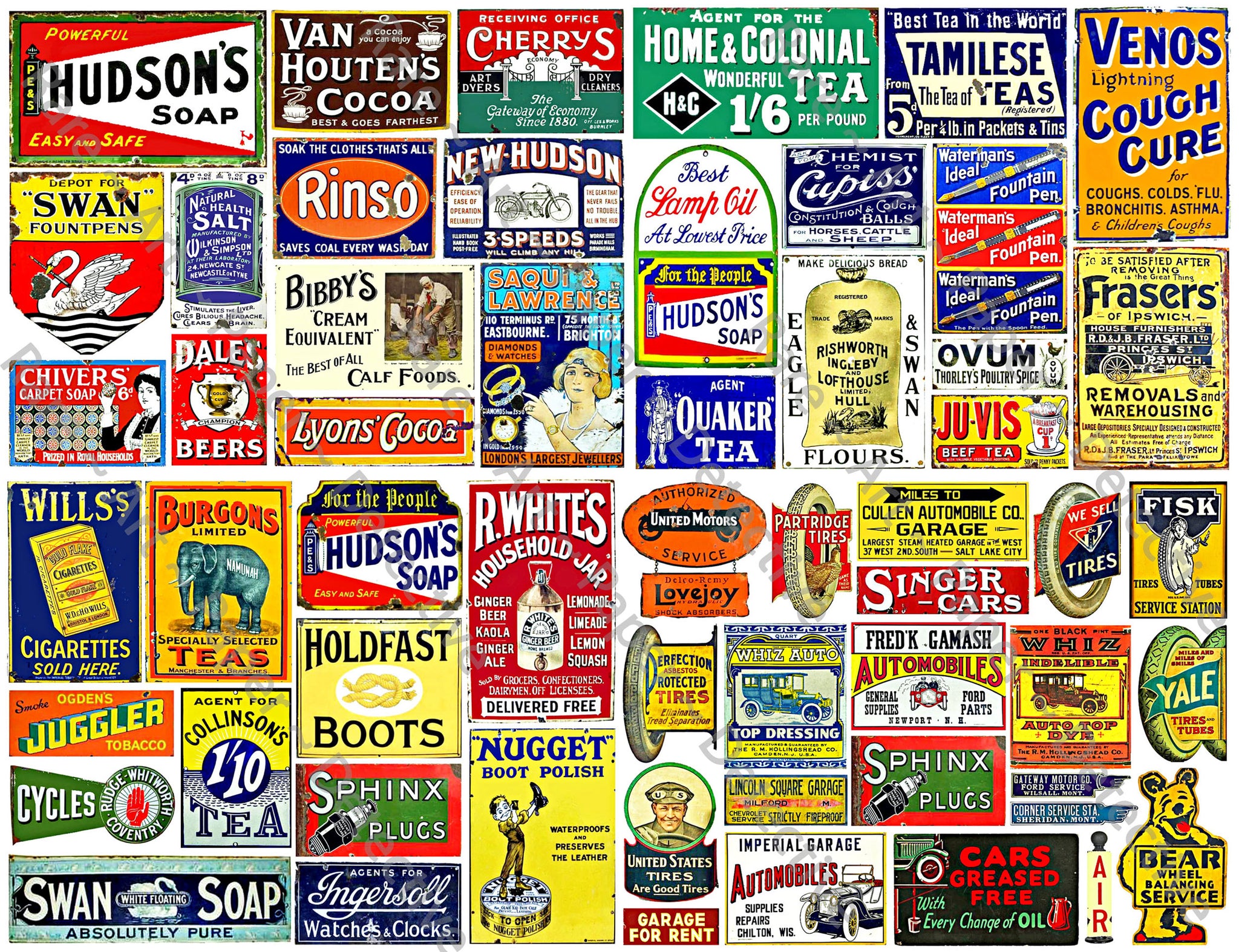 Model Train & Doll House Miniature Sign Stickers, 57 Pcs. Set, Rusty Metal Sign Illustrations, 8.5" x 11" Sheet, #797
