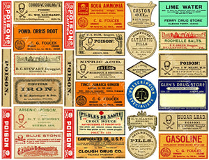 Druggist Poison Bottle Labels, Sticker Sheet, Vintage Medicine Pill Bottle Labels, General Store Apothecary Art Paper, Antique Drug Store, 823