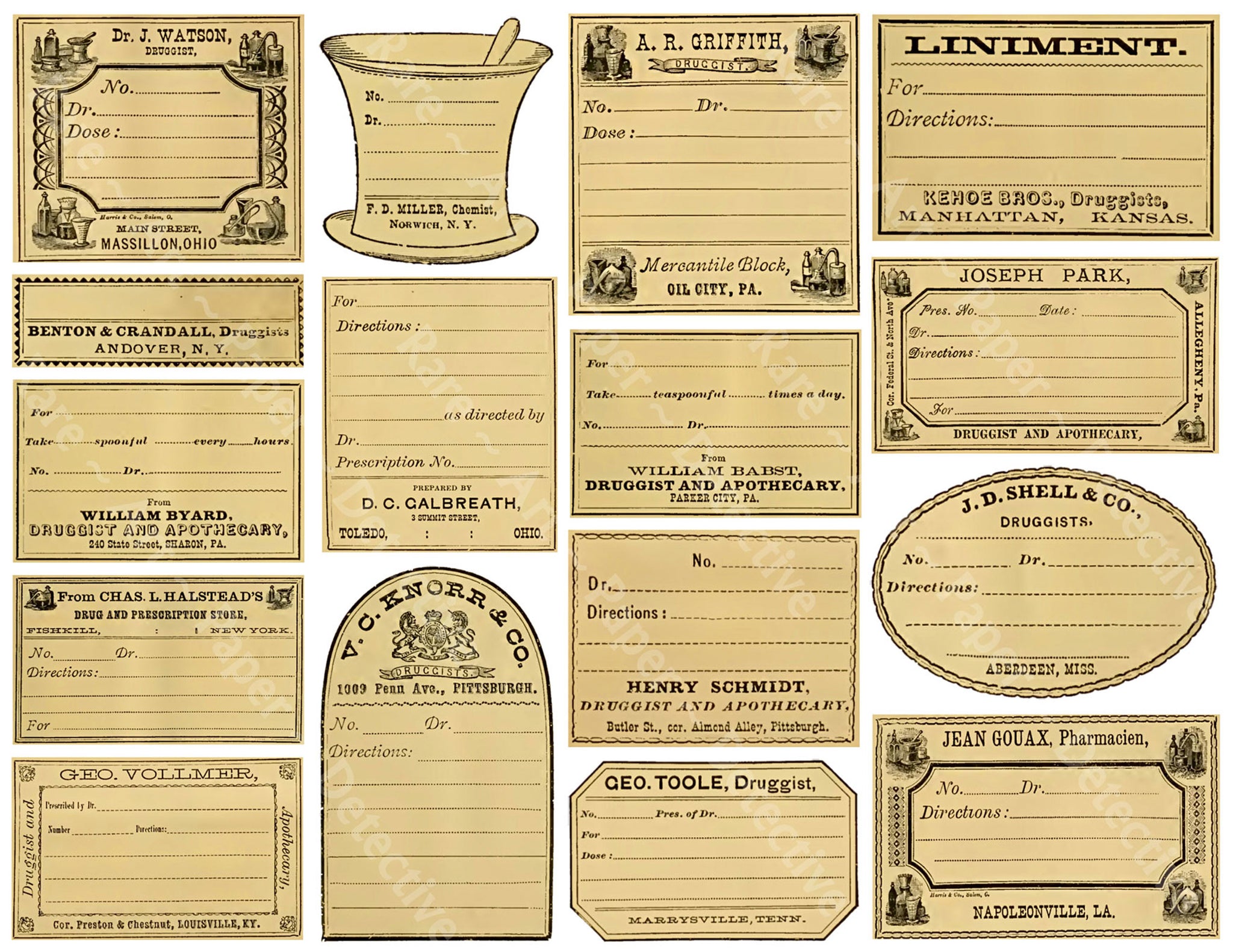 16 Unique Apothecary Label Stickers, Pharmacy & Druggist Decal Set #824