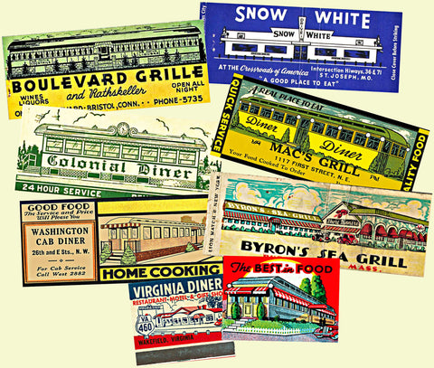 8 pcs. Matchbook Cover Sticker Reproductions, Travel Diner Themed Decals for planners, stationary sets, envelope seals & junk journals, 825