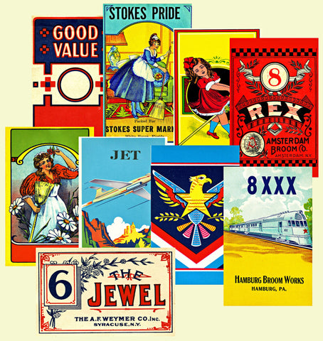Vintage Label Art Stickers, 9 Pcs. Colorful Broom Labels, Great for Junk Journals, Scrapbook Pages & Altered Art, Note Book Art Sticker, 833