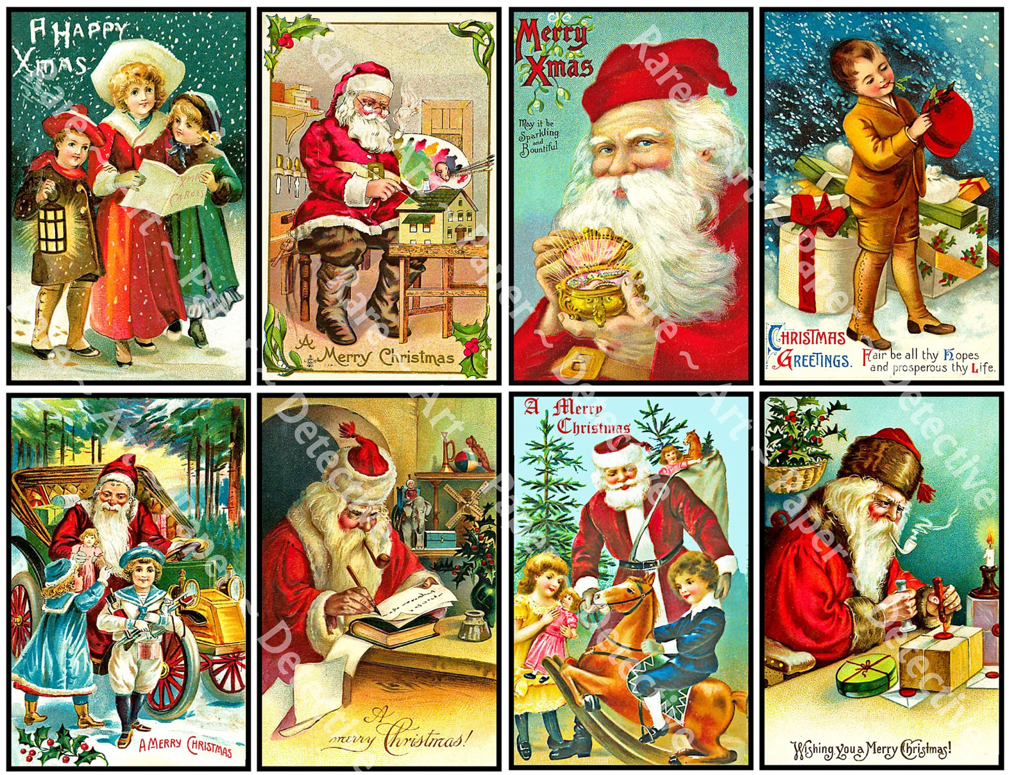 Vintage Christmas Stickers, 8 Pcs. Deluxe Set of Old Fashioned Postcard  Journal Images, 4 x 2.5 each, 903