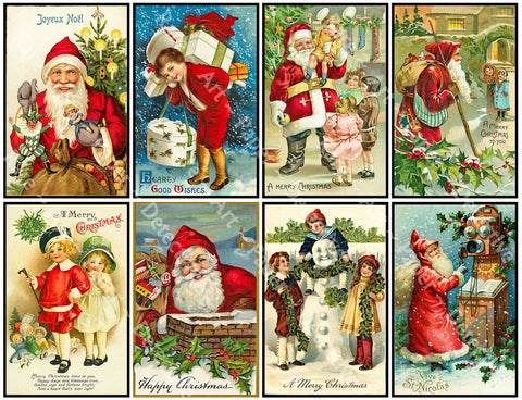 8 Pcs. Christmas Stickers, Deluxe Set of Old Fashioned Postcard Journal Images, 4" x 2.5" each, Santa Claus & Merry Christmas Greetings, 842