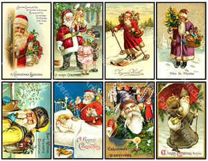 8 Pcs. Christmas Stickers, Deluxe Set of Old Fashioned Postcard Journal Images, 4" x 2.5" each, Santa Claus & Merry Christmas Greetings, 844