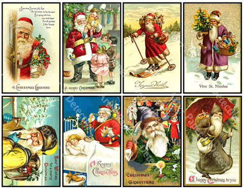 8 Pcs. Christmas Stickers, Deluxe Set of Old Fashioned Postcard Journal Images, 4" x 2.5" each, Santa Claus & Merry Christmas Greetings, 844