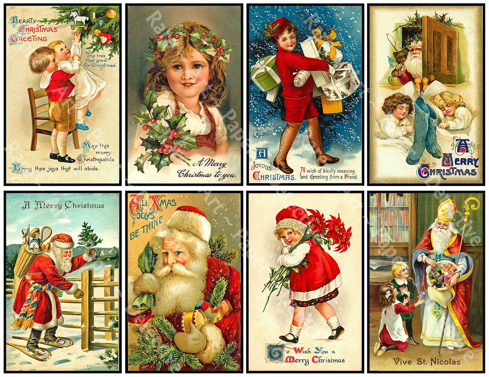 8 Pcs. Christmas Stickers, Deluxe Set of Old Fashioned Postcard Journal Images, 4" x 2.5" each, Santa Claus & Merry Christmas Greetings, 845