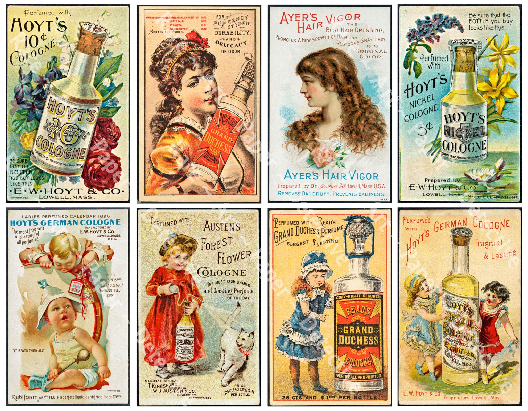 Perfume & Cologne Advertising Card Stickers, Collage Card Making Art Paper, 8 Apothecary Label Decals, Victorian Bathroom Decor Labels, 848