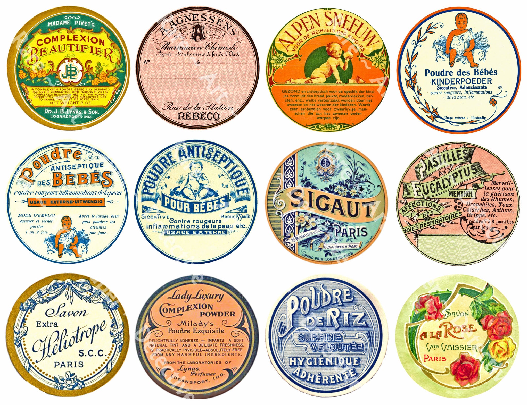 French Baby Powder Labels & Apothecary Jar Stickers, 12 Elegant Antiqu ...