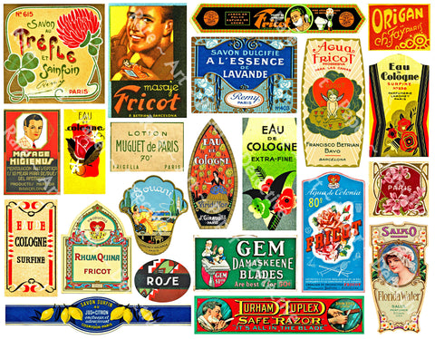 Perfume Label Tags, 22 Vintage French Apothecary & Cologne Stickers, Colorful Floral Label Decals, Elegant Bath Labels, Bathroom Decor, 851
