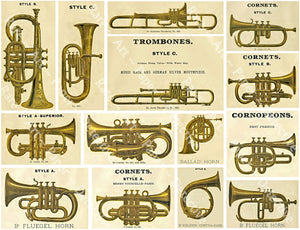 Musical Band Instruments Sticker Sheet, Antique Catalog Art Graphics, Brass Horns, Music Journals, Decor & Collage, Trombones, Cornets, 855