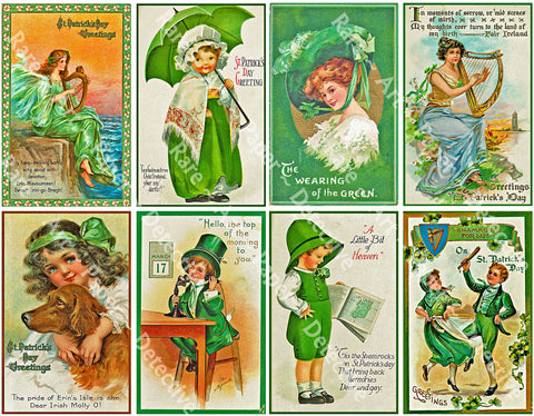 8 Pcs. St Patrick's Day Stickers, Deluxe Set of Old Fashioned Postcard Journal Tags, 4" x 2.5" each, Luck of the Irish Holiday Graphics, 856
