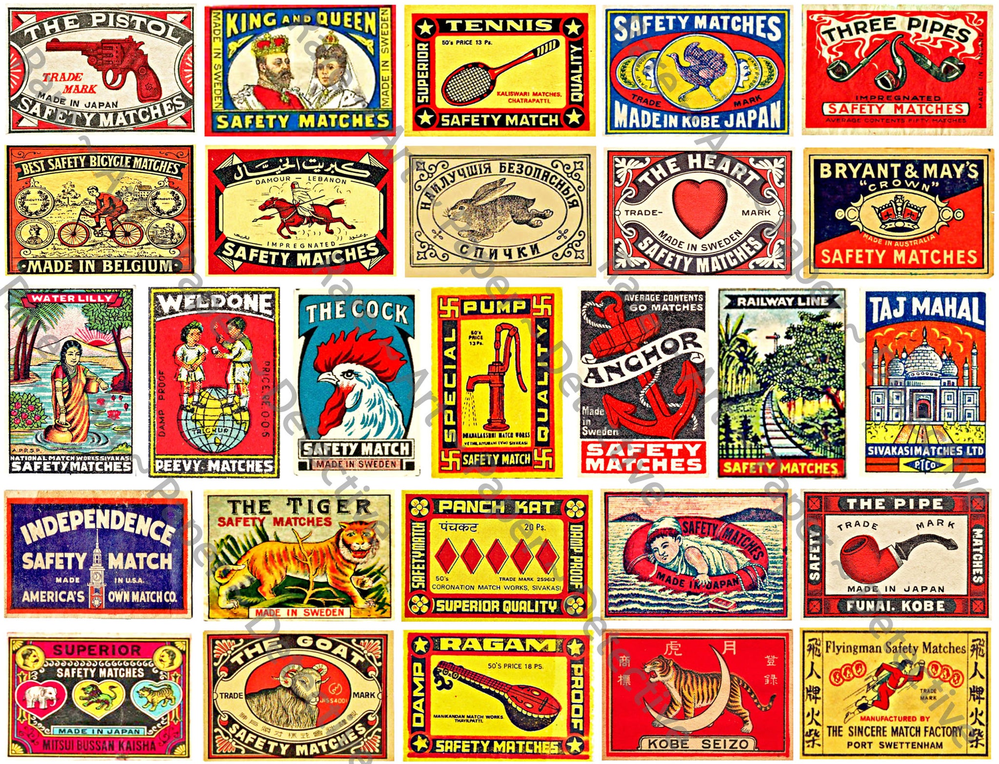 Antique Matchbox Label Stickers, Authentic Sizes, 2" x 1 3/8", Matchbook Art Labels, 27 Pcs. Junk Journals & Scrapbook Embellishments, 867