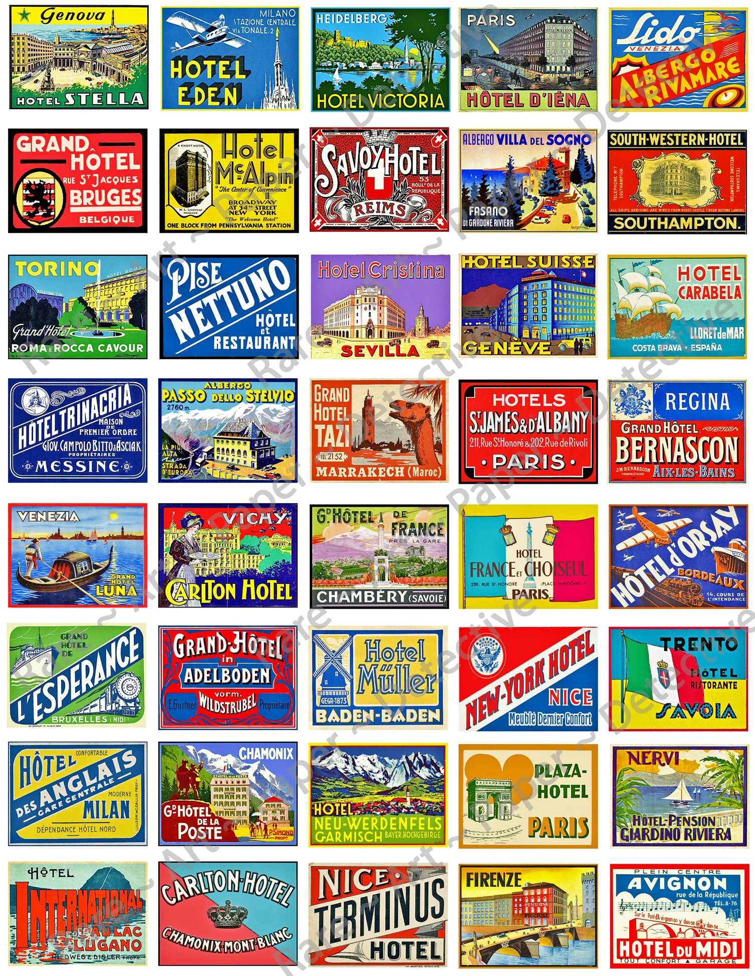 40 Miniature Hotel Luggage Labels, Envelope Seals, Travel Journal Stickers, Set #873
