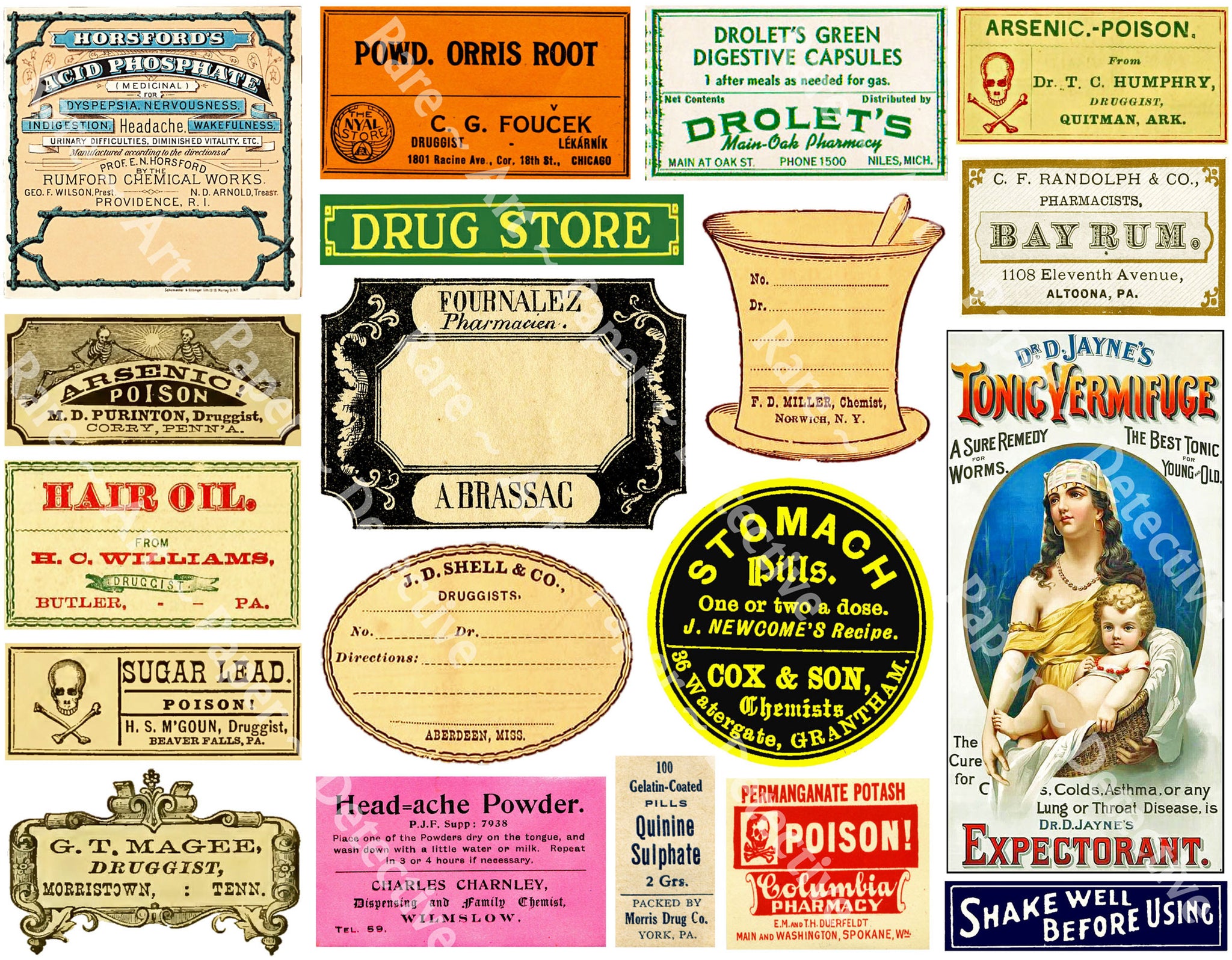 Pharmacy & Druggist Label Art Paper Stickers, Barber Shop, 17 Drug Store Signs and Curiosity Items for Bathroom Décor and Junk Journals, 889