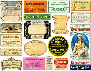 Pharmacy & Druggist Label Art Paper Stickers, Barber Shop, 17 Drug Store Signs and Curiosity Items for Bathroom Décor and Junk Journals, 889