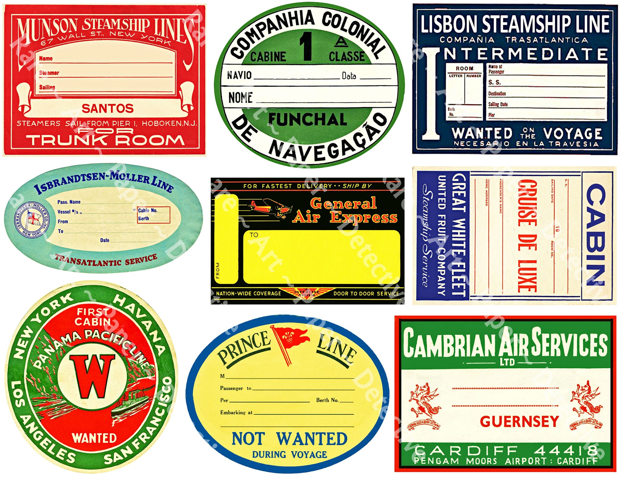 Steamship Luggage Label Sticker Sheet 9 Travel Stickers from the Gold Rare Paper Detective