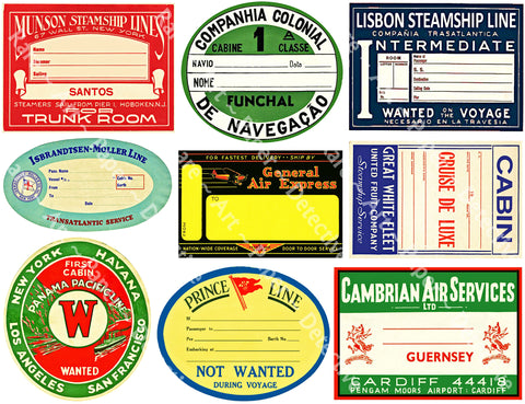 Steamship Luggage Label Sticker Sheet, 9 Travel Stickers from the Golden Age of Travel, 8.5" x 11" Decal Sheet for Suitcases, #897