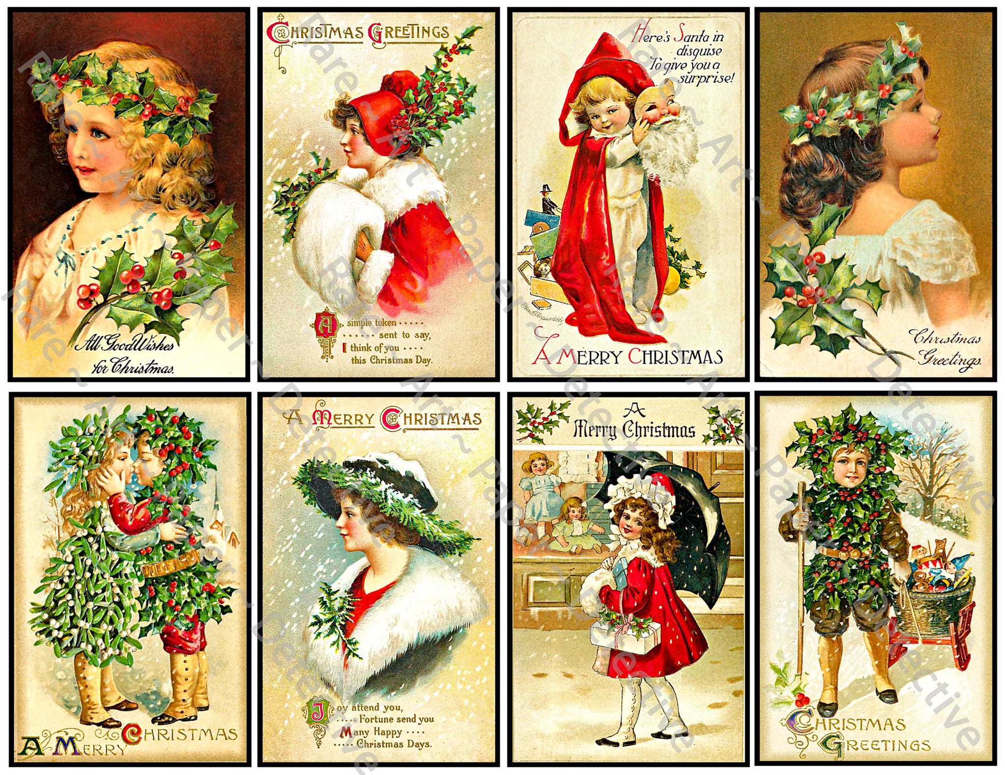 Victorian Christmas Stickers, 8 Pcs. Deluxe Set of Old Fashioned Postcard Journal Images, 4" x 2.5" each, 901