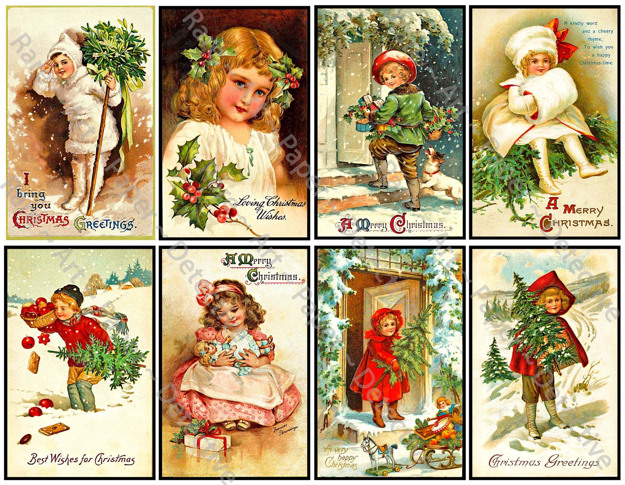 Victorian Christmas Stickers, 8 Pcs. Deluxe Set of Old Fashioned Postcard Journal Images, 4" x 2.5" each, 902