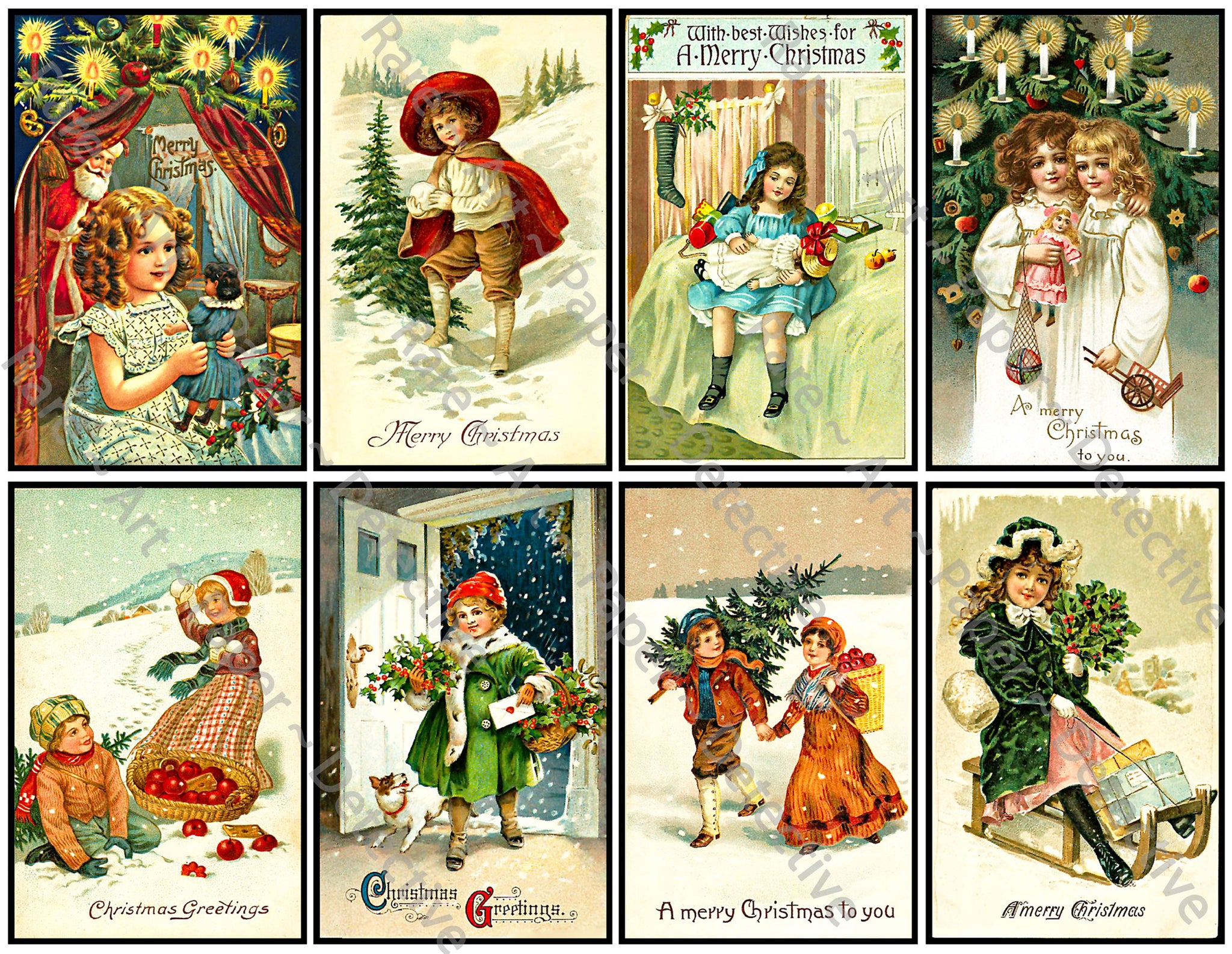 Vintage Christmas Stickers, 8 Pcs. Deluxe Set of Old Fashioned Postcard  Journal Images, 4 x 2.5 each, 903